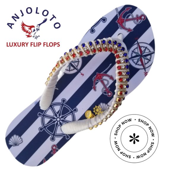 Women's Luxury nautical flip flops, with crystals and rhinestones, all occasions - Picture 6 of 17